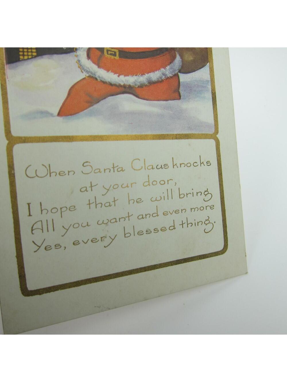 Christmas Postcard Santa Hikes in Snow Toy Bag Cabin Moon Night Whitney Antique - Picture 10 of 12
